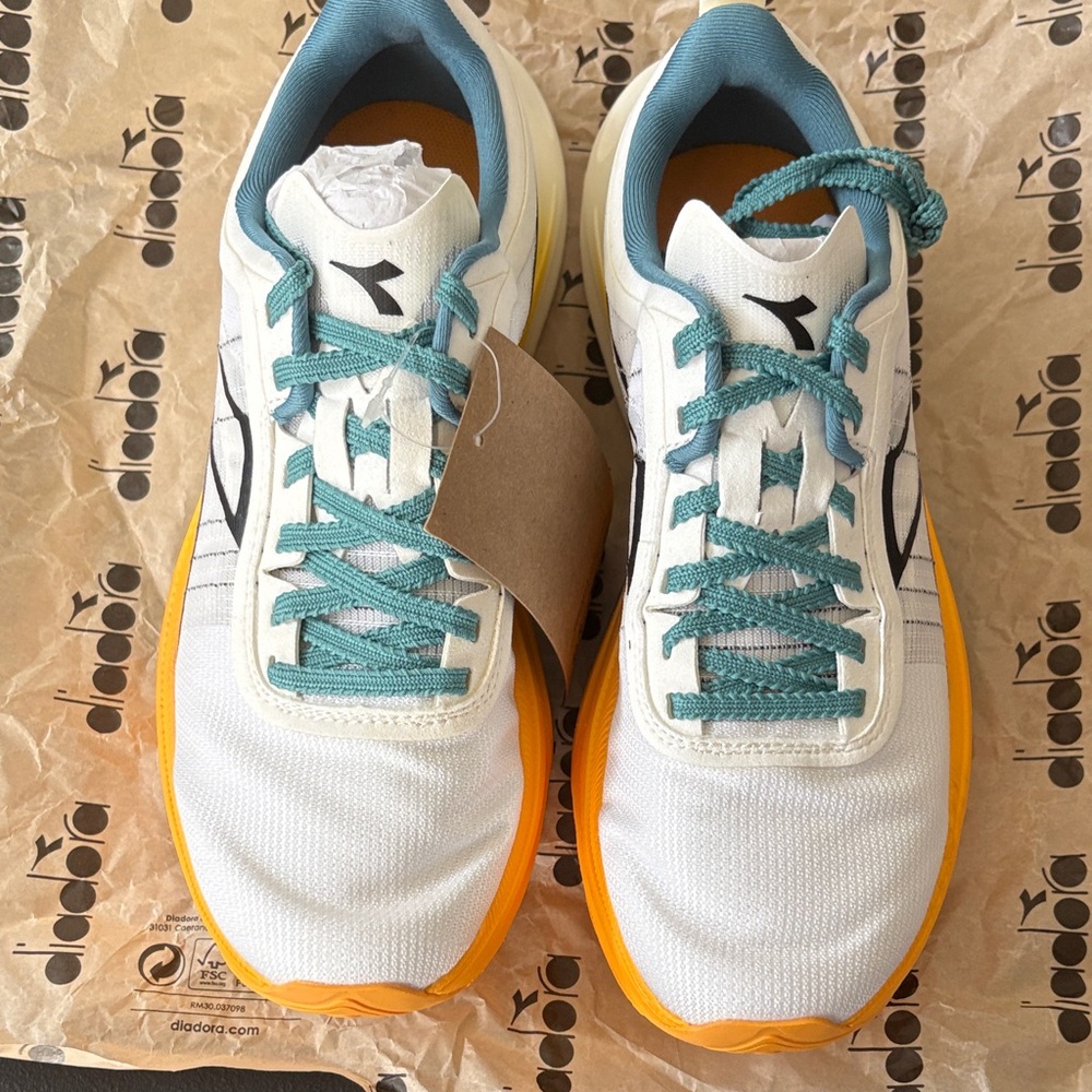 Diadora White and Orange Athletic Shoes with Teal Laces